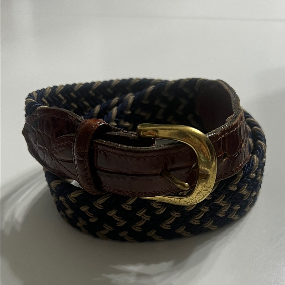 Braided Navy and Tan Men’s Woven Belt with Brown Leather Trim